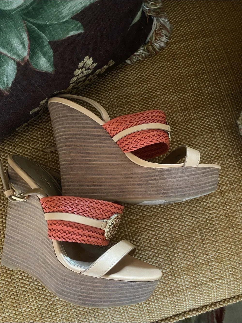 Coach Tan and Coral Woven Wedge Sandals